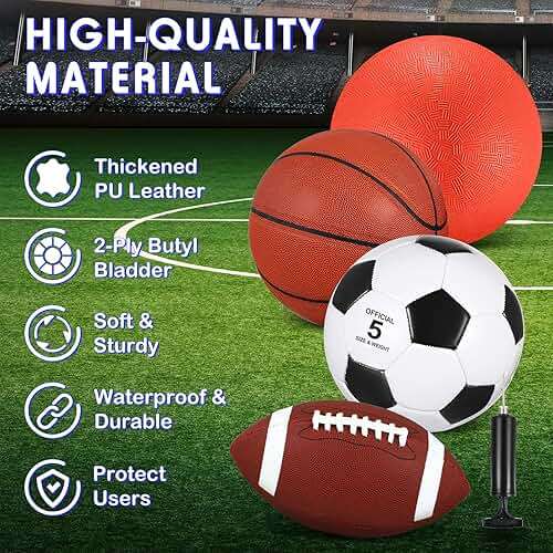 HyDren Sports Balls Set for Teen Adult, Multi Sport Training Equipment with Official Size Basketball Soccer Ball Football Playground Ball with Pump and Carry Bag Back to School Sports Gift - Image 3