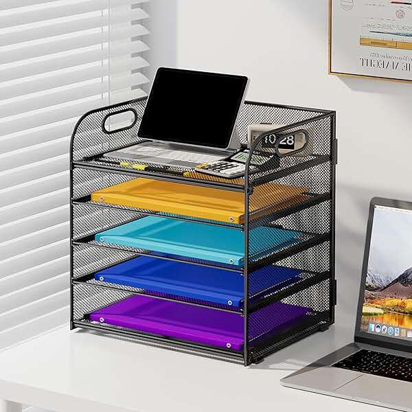 Cawukege 5 Tier Paper Organizer with Handle, Black Metal Mesh Desk Organizer File Folder Paper Letter Tray Desktop Document Sorter for Classroom, School, Office Accessories Organization and Storage - Image 2