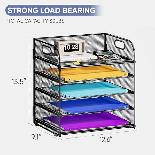 Cawukege 5 Tier Paper Organizer with Handle, Black Metal Mesh Desk Organizer File Folder Paper Letter Tray Desktop Document Sorter for Classroom, School, Office Accessories Organization and Storage - Image 3