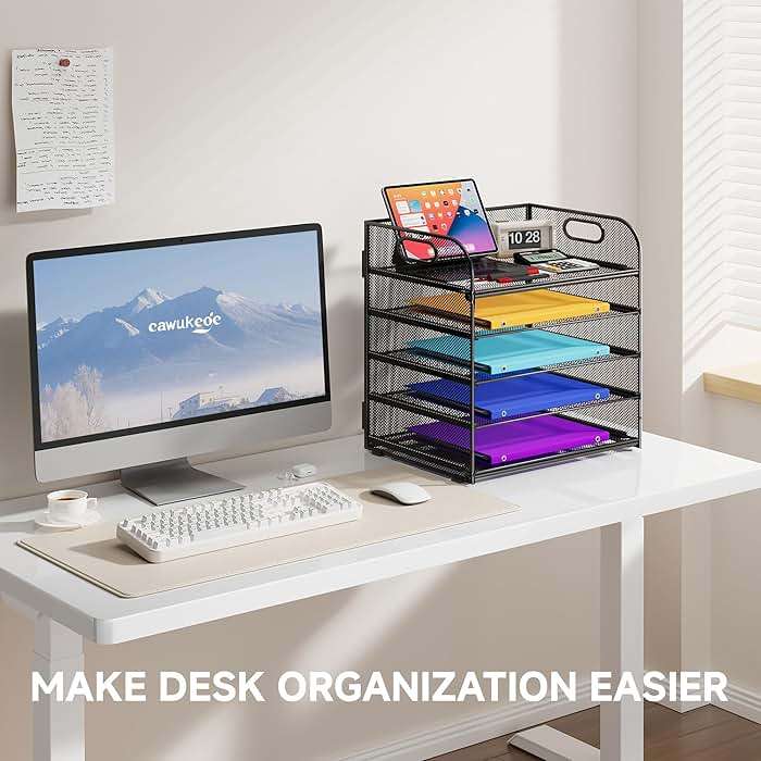 Cawukege 5 Tier Paper Organizer with Handle, Black Metal Mesh Desk Organizer File Folder Paper Letter Tray Desktop Document Sorter for Classroom, School, Office Accessories Organization and Storage - Image 4