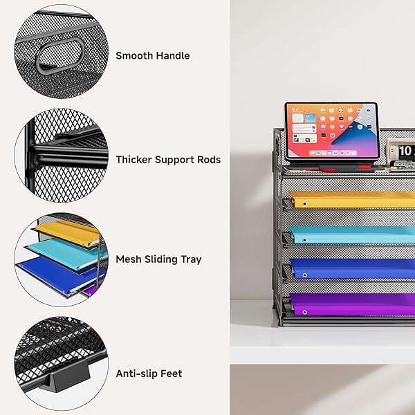 Cawukege 5 Tier Paper Organizer with Handle, Black Metal Mesh Desk Organizer File Folder Paper Letter Tray Desktop Document Sorter for Classroom, School, Office Accessories Organization and Storage - Image 5