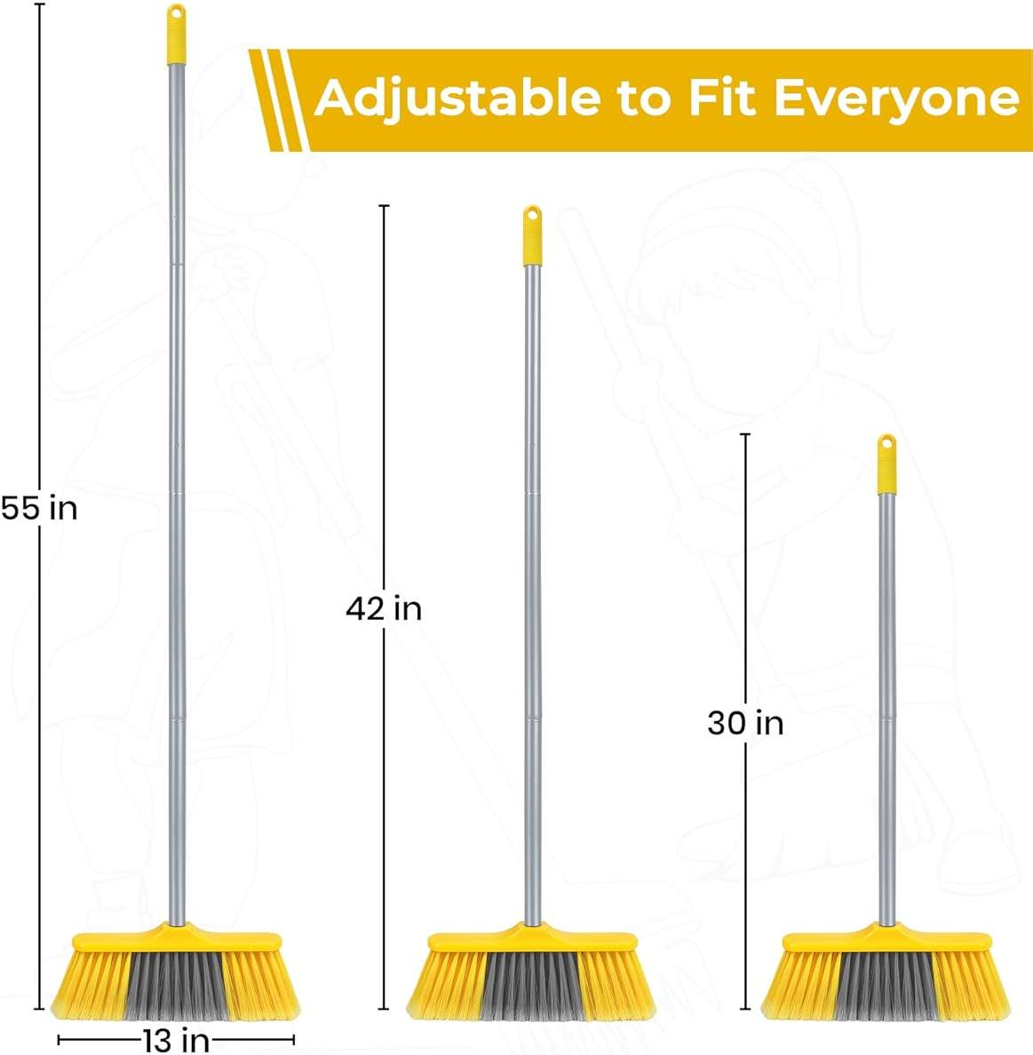 Indoor Broom for Floors 55” Soft Bristle Brooms for Sweeping Indoor/Outdoor to Clean Kitchen, Lobby, Office, Hardwood, Tile, Concrete, Patio, Deck-Yellow - Image 2