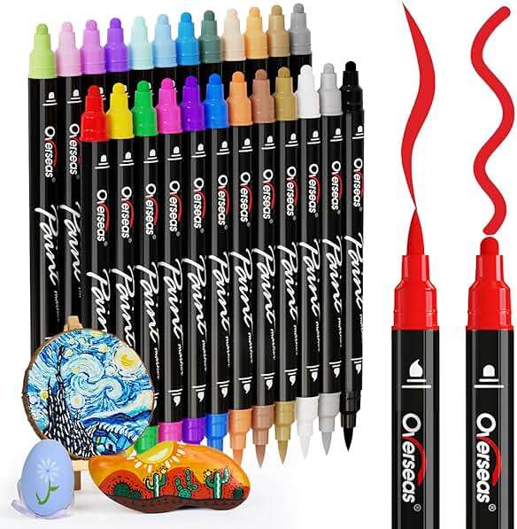 Overseas 24 Dual-Tip Acrylic Paint Markers Pens - Acrylic Paint Pens with Brush and Dot Tip, No Bleeding Coloring Marker for Wood, Rock, Glass, Metal, Ceramic, Plastic, Fabric, Teacher Supplies - Image 1