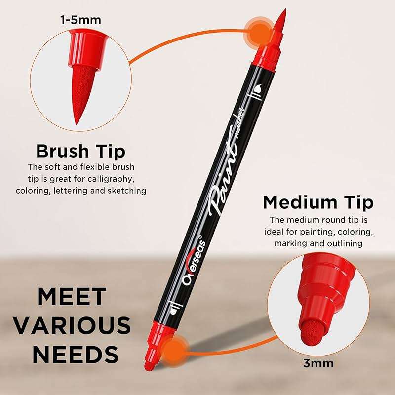 Overseas 24 Dual-Tip Acrylic Paint Markers Pens - Acrylic Paint Pens with Brush and Dot Tip, No Bleeding Coloring Marker for Wood, Rock, Glass, Metal, Ceramic, Plastic, Fabric, Teacher Supplies - Image 3