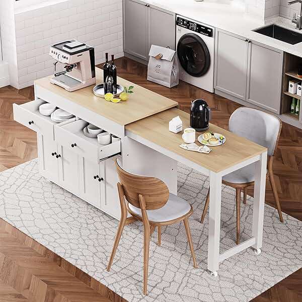 Merax 74.5" Kitchen Island with Extendable Dining Table, Rolling Kitchen Storage Cart on Wheels with Spice Rack & 2 Drawers & 4 Door Cabinet for Dining Room, White - Image 1