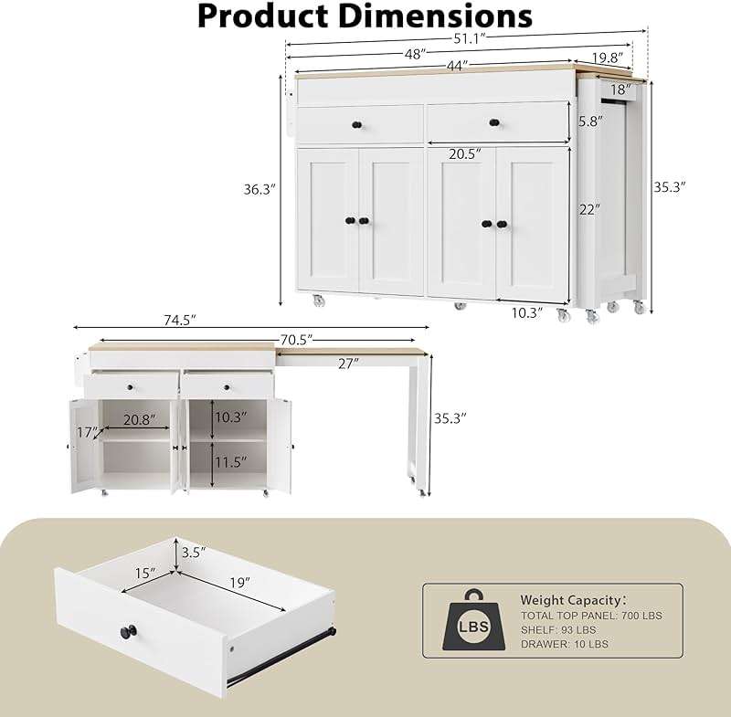 Merax 74.5" Kitchen Island with Extendable Dining Table, Rolling Kitchen Storage Cart on Wheels with Spice Rack & 2 Drawers & 4 Door Cabinet for Dining Room, White - Image 2