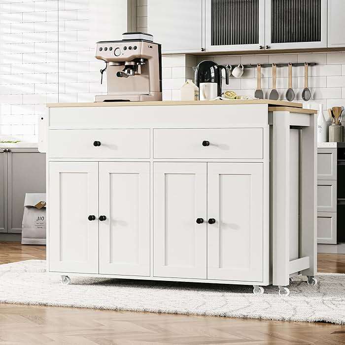 Merax 74.5" Kitchen Island with Extendable Dining Table, Rolling Kitchen Storage Cart on Wheels with Spice Rack & 2 Drawers & 4 Door Cabinet for Dining Room, White - Image 3