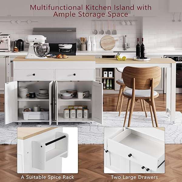 Merax 74.5" Kitchen Island with Extendable Dining Table, Rolling Kitchen Storage Cart on Wheels with Spice Rack & 2 Drawers & 4 Door Cabinet for Dining Room, White - Image 4