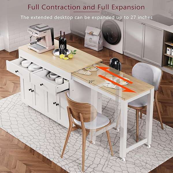 Merax 74.5" Kitchen Island with Extendable Dining Table, Rolling Kitchen Storage Cart on Wheels with Spice Rack & 2 Drawers & 4 Door Cabinet for Dining Room, White - Image 5