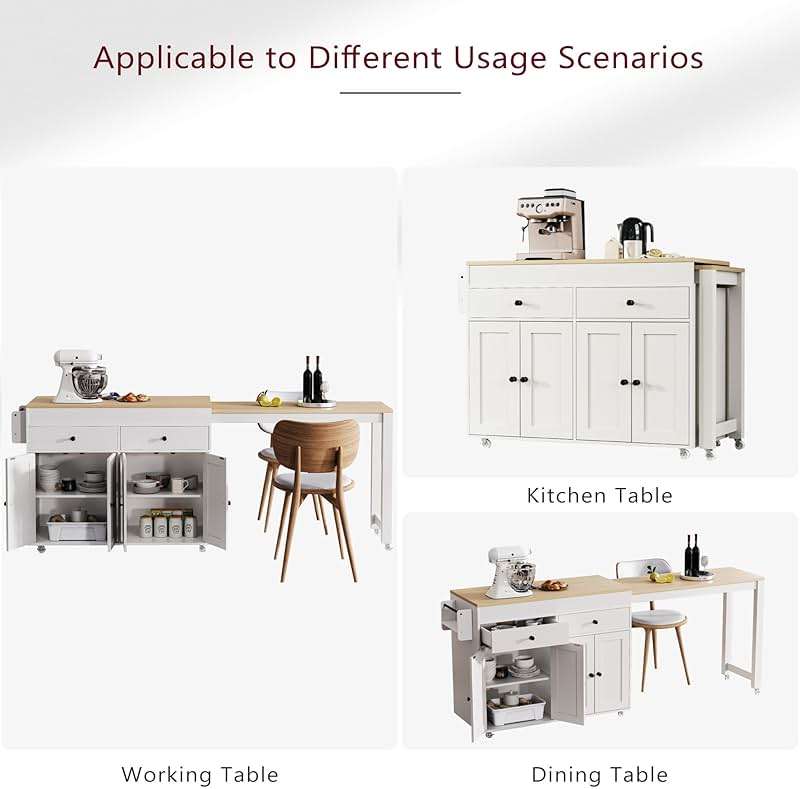 Merax 74.5" Kitchen Island with Extendable Dining Table, Rolling Kitchen Storage Cart on Wheels with Spice Rack & 2 Drawers & 4 Door Cabinet for Dining Room, White - Image 6