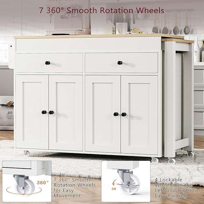 Merax 74.5" Kitchen Island with Extendable Dining Table, Rolling Kitchen Storage Cart on Wheels with Spice Rack & 2 Drawers & 4 Door Cabinet for Dining Room, White - Image 7