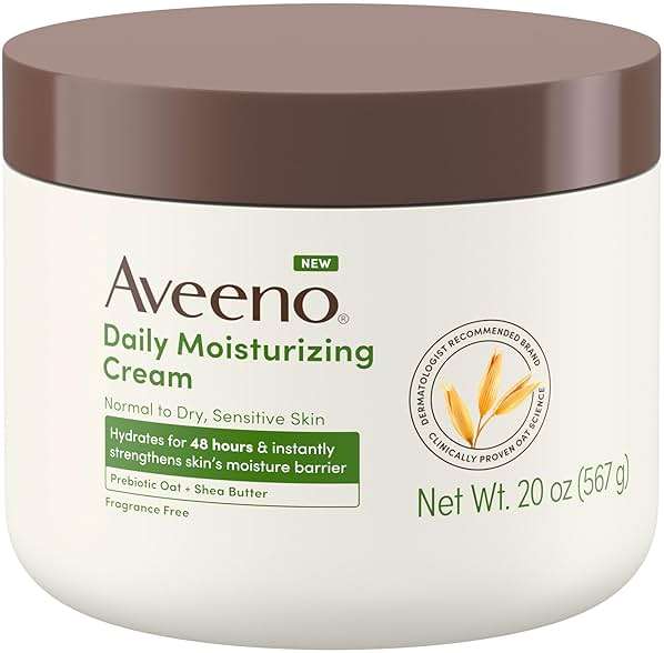 Aveeno Daily Moisturizing Cream with Prebiotic Oat & Shea Butter for Body, Face & Hands Moisturizer Cream, Hydrates Normal to Dry, Sensitive Skin, Fragrance Free, Non-Comedogenic, 20 oz - Image 1