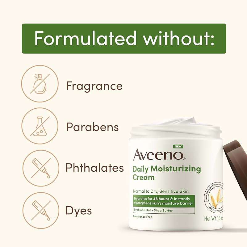 Aveeno Daily Moisturizing Cream with Prebiotic Oat & Shea Butter for Body, Face & Hands Moisturizer Cream, Hydrates Normal to Dry, Sensitive Skin, Fragrance Free, Non-Comedogenic, 20 oz - Image 7