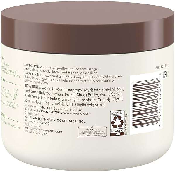 Aveeno Daily Moisturizing Cream with Prebiotic Oat & Shea Butter for Body, Face & Hands Moisturizer Cream, Hydrates Normal to Dry, Sensitive Skin, Fragrance Free, Non-Comedogenic, 20 oz - Image 9