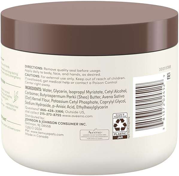 Aveeno Daily Moisturizing Cream with Prebiotic Oat & Shea Butter for Body, Face & Hands Moisturizer Cream, Hydrates Normal to Dry, Sensitive Skin, Fragrance Free, Non-Comedogenic, 20 oz - Image 10