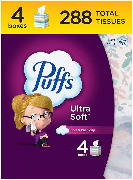 Puffs Facial Tissues Ultra Soft, 4 Mega Cube Boxes, 72 Facial Tissues per Box, Allergies and Colds (Packaging May Vary) - Image 1