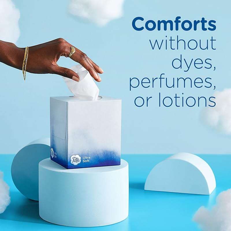 Puffs Facial Tissues Ultra Soft, 4 Mega Cube Boxes, 72 Facial Tissues per Box, Allergies and Colds (Packaging May Vary) - Image 5