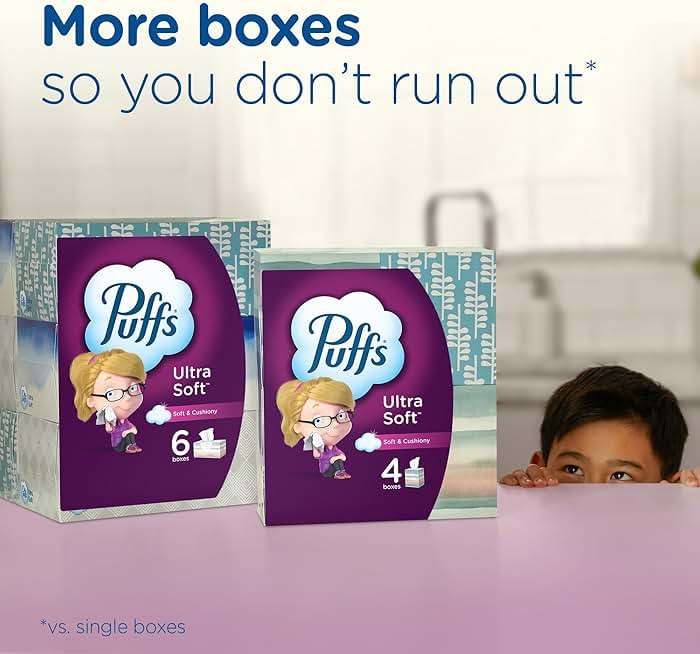 Puffs Facial Tissues Ultra Soft, 4 Mega Cube Boxes, 72 Facial Tissues per Box, Allergies and Colds (Packaging May Vary) - Image 9