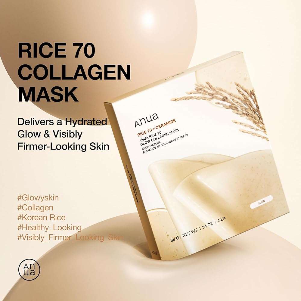 ANUA Rice 70 Glow Collagen Mask, Overnight Face Mask for Glass Skin, Ceramide, Collagen Facial Mask, Skin Moisture Barrier, Tightening Care, Natural Color, Korean Skincare, 1.34 oz/4ea - Image 2