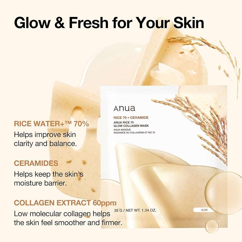 ANUA Rice 70 Glow Collagen Mask, Overnight Face Mask for Glass Skin, Ceramide, Collagen Facial Mask, Skin Moisture Barrier, Tightening Care, Natural Color, Korean Skincare, 1.34 oz/4ea - Image 3