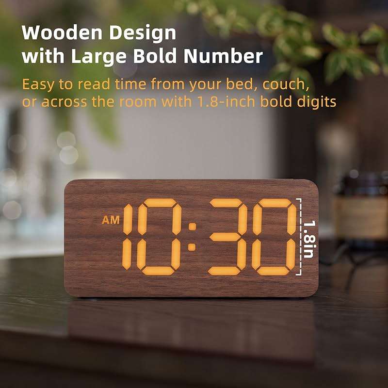 uscce Wooden Digital Alarm Clocks for Bedrooms: Dimmable Dual Alarm Clock with Large Numbers for Bedside Desk - Loud Alarm for Heavy Sleepers with Volume Control - Wood Decor & Gifts - Image 2