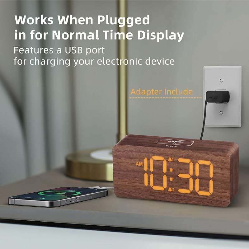 uscce Wooden Digital Alarm Clocks for Bedrooms: Dimmable Dual Alarm Clock with Large Numbers for Bedside Desk - Loud Alarm for Heavy Sleepers with Volume Control - Wood Decor & Gifts - Image 3
