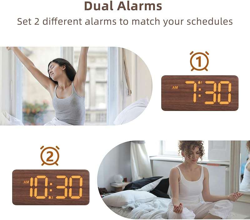 uscce Wooden Digital Alarm Clocks for Bedrooms: Dimmable Dual Alarm Clock with Large Numbers for Bedside Desk - Loud Alarm for Heavy Sleepers with Volume Control - Wood Decor & Gifts - Image 5