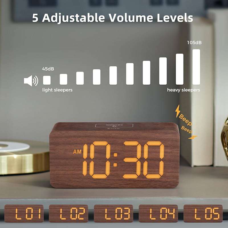 uscce Wooden Digital Alarm Clocks for Bedrooms: Dimmable Dual Alarm Clock with Large Numbers for Bedside Desk - Loud Alarm for Heavy Sleepers with Volume Control - Wood Decor & Gifts - Image 6
