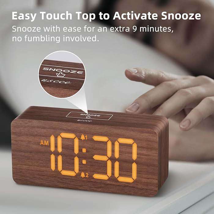 uscce Wooden Digital Alarm Clocks for Bedrooms: Dimmable Dual Alarm Clock with Large Numbers for Bedside Desk - Loud Alarm for Heavy Sleepers with Volume Control - Wood Decor & Gifts - Image 8
