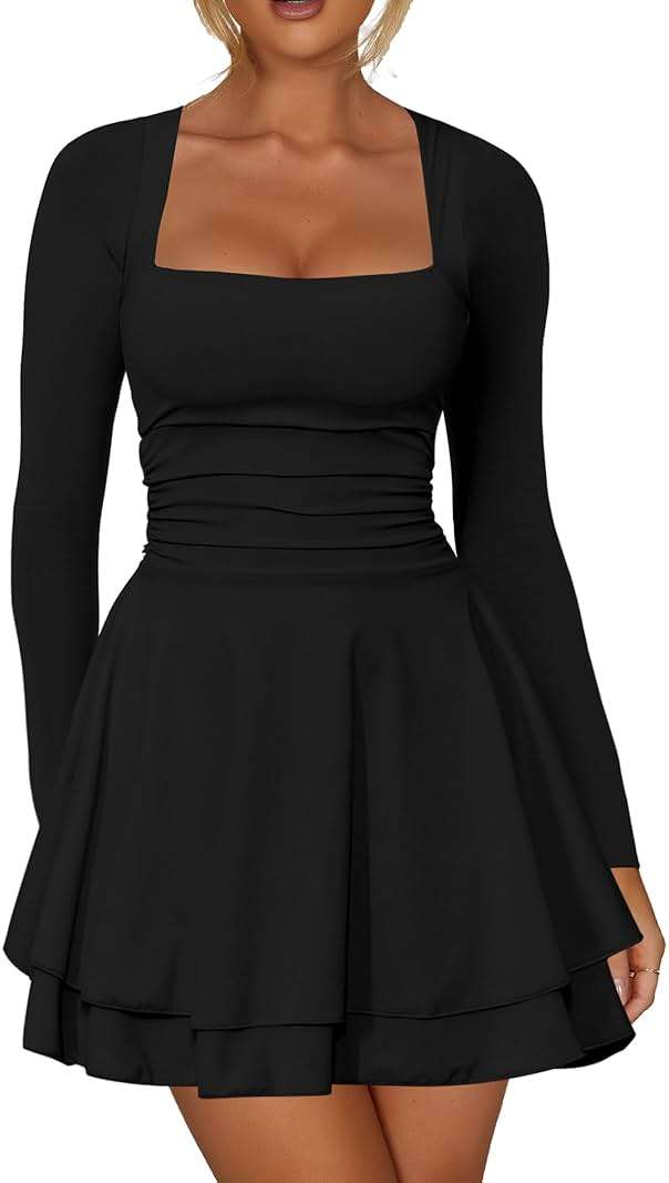 Kaximil Women's Square Neck Ruffle Hem Mini Dress Ruched Waist Long Sleeve Corset Short Party Dresses - Image 1