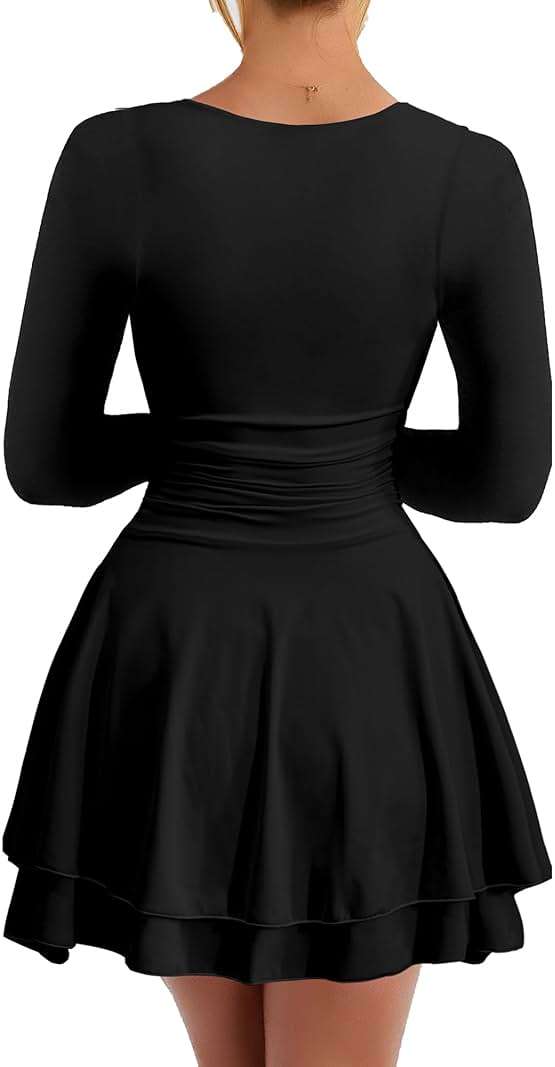Kaximil Women's Square Neck Ruffle Hem Mini Dress Ruched Waist Long Sleeve Corset Short Party Dresses - Image 2