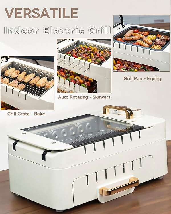 XHJ 4-in-1 Electric Indoor Grill Smokeless for Home,Countertop Electric Grill with Removable Sizzling Grill Pan & Grate + Auto Rotating Kabob Skewers + Electric Hot Dog Roller Dual Zone Cook with Lid - Image 4