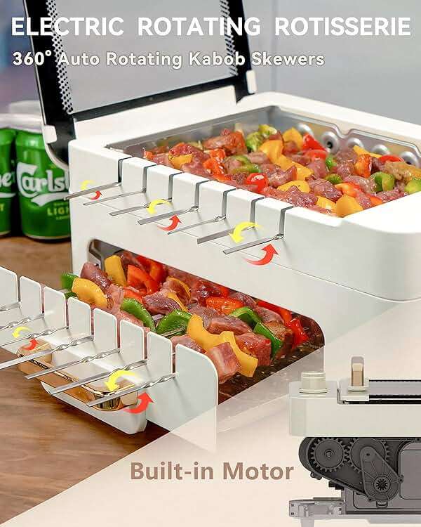 XHJ 4-in-1 Electric Indoor Grill Smokeless for Home,Countertop Electric Grill with Removable Sizzling Grill Pan & Grate + Auto Rotating Kabob Skewers + Electric Hot Dog Roller Dual Zone Cook with Lid - Image 5