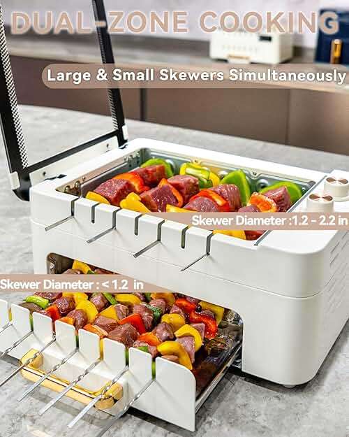 XHJ 4-in-1 Electric Indoor Grill Smokeless for Home,Countertop Electric Grill with Removable Sizzling Grill Pan & Grate + Auto Rotating Kabob Skewers + Electric Hot Dog Roller Dual Zone Cook with Lid - Image 6