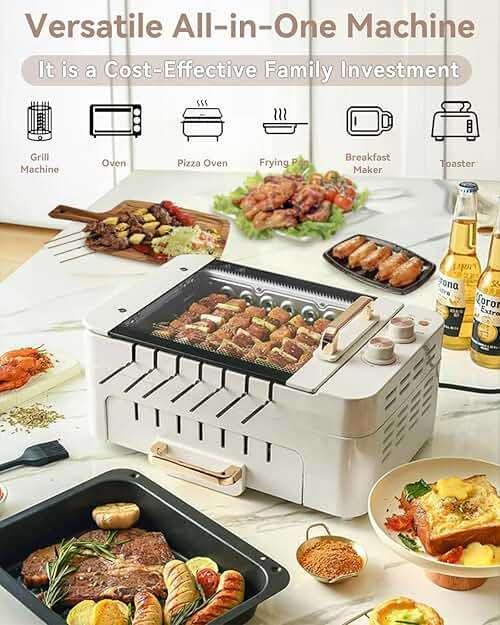XHJ 4-in-1 Electric Indoor Grill Smokeless for Home,Countertop Electric Grill with Removable Sizzling Grill Pan & Grate + Auto Rotating Kabob Skewers + Electric Hot Dog Roller Dual Zone Cook with Lid - Image 8