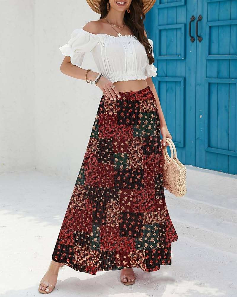 CYiNu Women's Chiffon Elastic High Waist Tiered Pleated Floral Printed A-Line Boho Long Maxi Skirts - Image 2