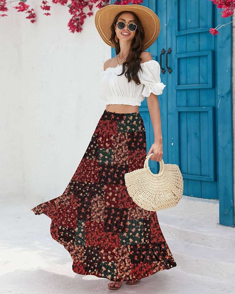 CYiNu Women's Chiffon Elastic High Waist Tiered Pleated Floral Printed A-Line Boho Long Maxi Skirts - Image 3