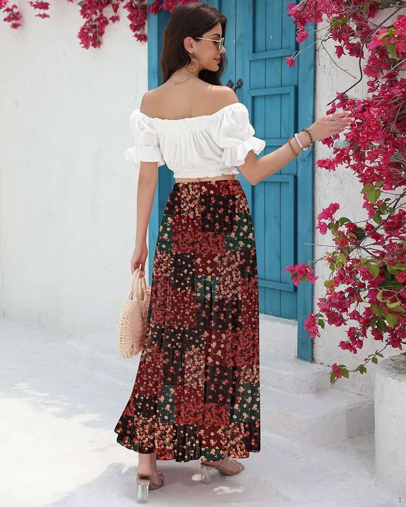 CYiNu Women's Chiffon Elastic High Waist Tiered Pleated Floral Printed A-Line Boho Long Maxi Skirts - Image 5