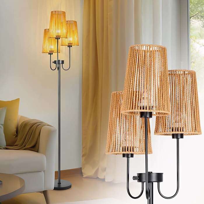 MKPAEI 3 Lights Boho Floor Lamp for Living Room, Farmhouse Standing Lamp with Rattan Shades and Bulbs, Adjustable Color Temperature, 65" Rustic Tree Tall Lamps for Bedroom,Office, ON/Off Foot Switch - Image 1