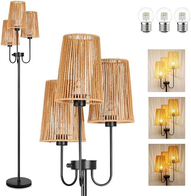 MKPAEI 3 Lights Boho Floor Lamp for Living Room, Farmhouse Standing Lamp with Rattan Shades and Bulbs, Adjustable Color Temperature, 65" Rustic Tree Tall Lamps for Bedroom,Office, ON/Off Foot Switch - Image 9