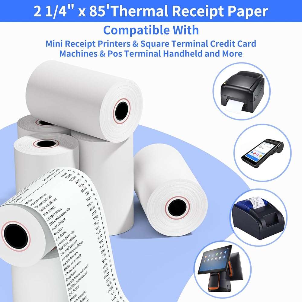 Muotich 2 1/4 x 85 Thermal Paper Rolls, 5 Rolls POS Receipt Rolls Fits All Credit Card Terminal and Cash Registers, Square Terminal Printer Paper, BPA-Free - Image 3