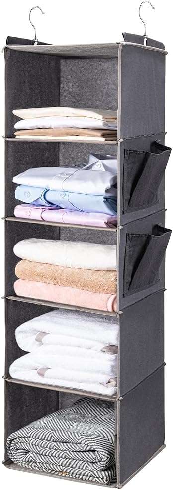 BOOMIBOO Hanging Closet Organize and Shelves，5-Hanging Shelf with 2 Side Pockets，Storage Foldable （Grey） - Image 1