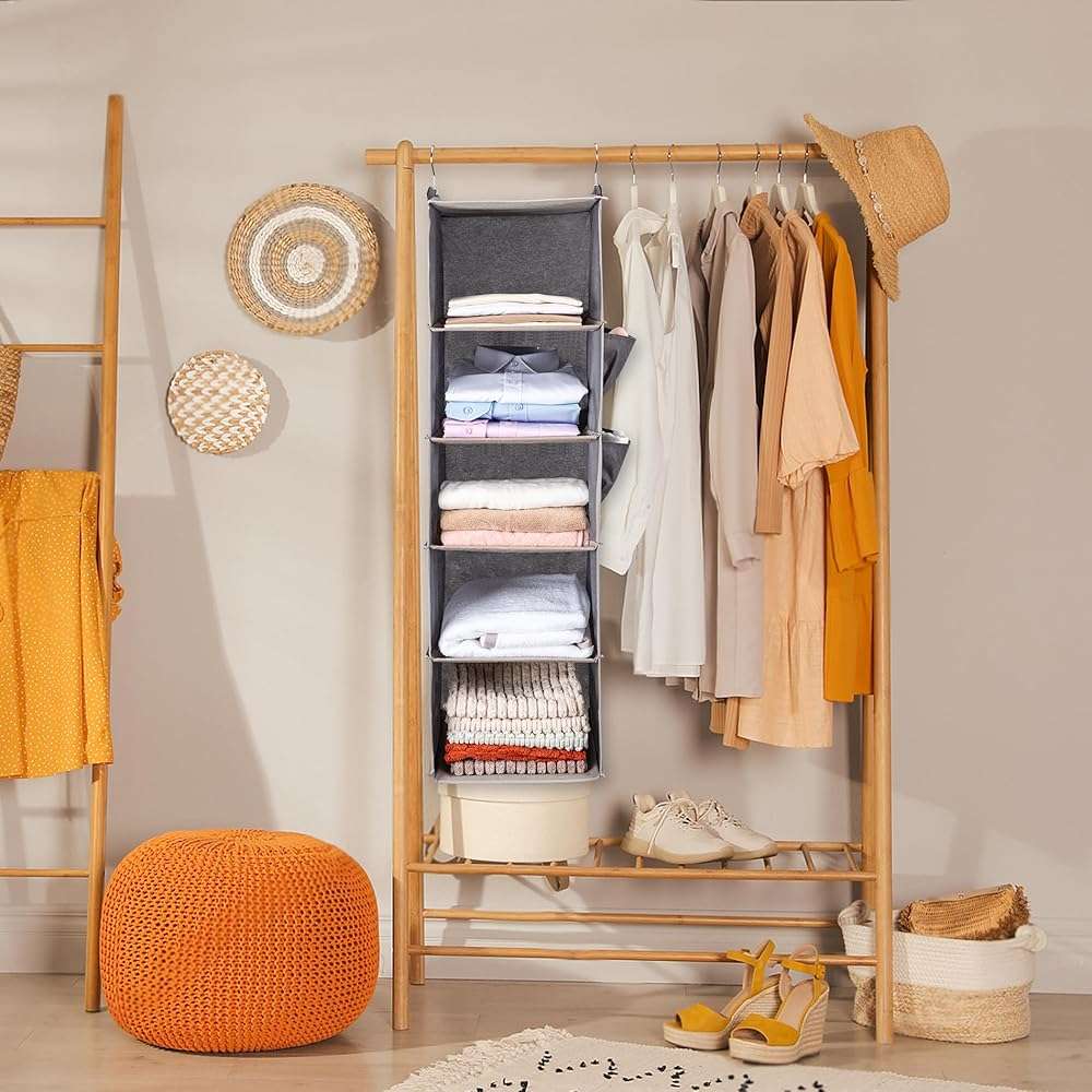 BOOMIBOO Hanging Closet Organize and Shelves，5-Hanging Shelf with 2 Side Pockets，Storage Foldable （Grey） - Image 2