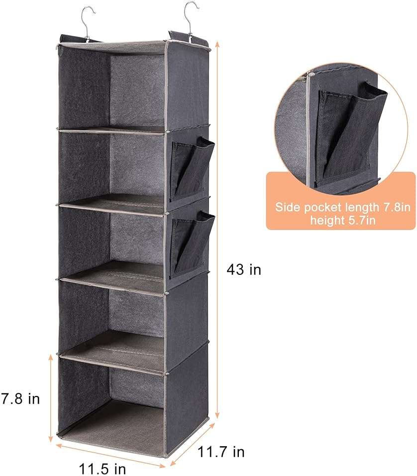 BOOMIBOO Hanging Closet Organize and Shelves，5-Hanging Shelf with 2 Side Pockets，Storage Foldable （Grey） - Image 3