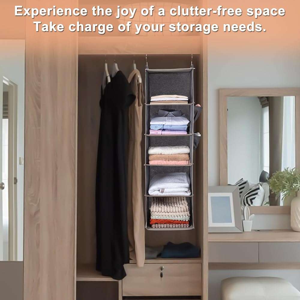 BOOMIBOO Hanging Closet Organize and Shelves，5-Hanging Shelf with 2 Side Pockets，Storage Foldable （Grey） - Image 5
