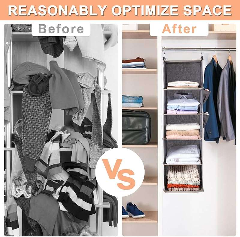 BOOMIBOO Hanging Closet Organize and Shelves，5-Hanging Shelf with 2 Side Pockets，Storage Foldable （Grey） - Image 6