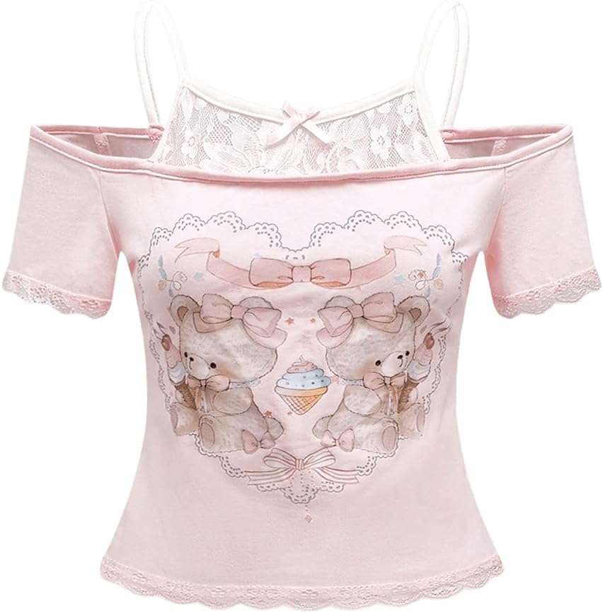 SOLY HUX Women's Y2K Coquette Aesthetic Crop Tops Summer Kawaii Clothes Cute Lace Bow Cold Shoulder Graphic Tees - Image 1