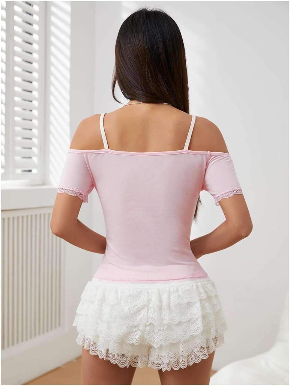 SOLY HUX Women's Y2K Coquette Aesthetic Crop Tops Summer Kawaii Clothes Cute Lace Bow Cold Shoulder Graphic Tees - Image 3
