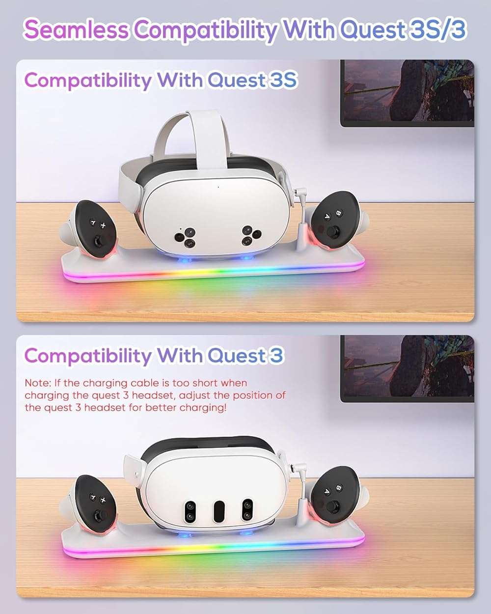 Charging Dock for Meta Quest 3S/3, Kinwin Magnetic Charging Station for Oculus Quest 3S/3 Accessories with RGB Light, Charging Stand for VR Headset & Controller with 2 Rechargeable Batteries (White) - Image 2
