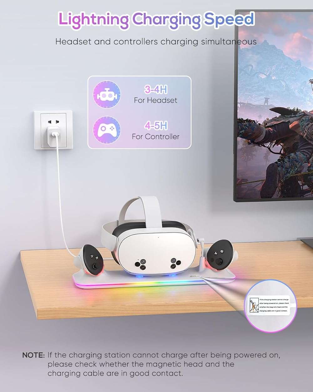 Charging Dock for Meta Quest 3S/3, Kinwin Magnetic Charging Station for Oculus Quest 3S/3 Accessories with RGB Light, Charging Stand for VR Headset & Controller with 2 Rechargeable Batteries (White) - Image 3